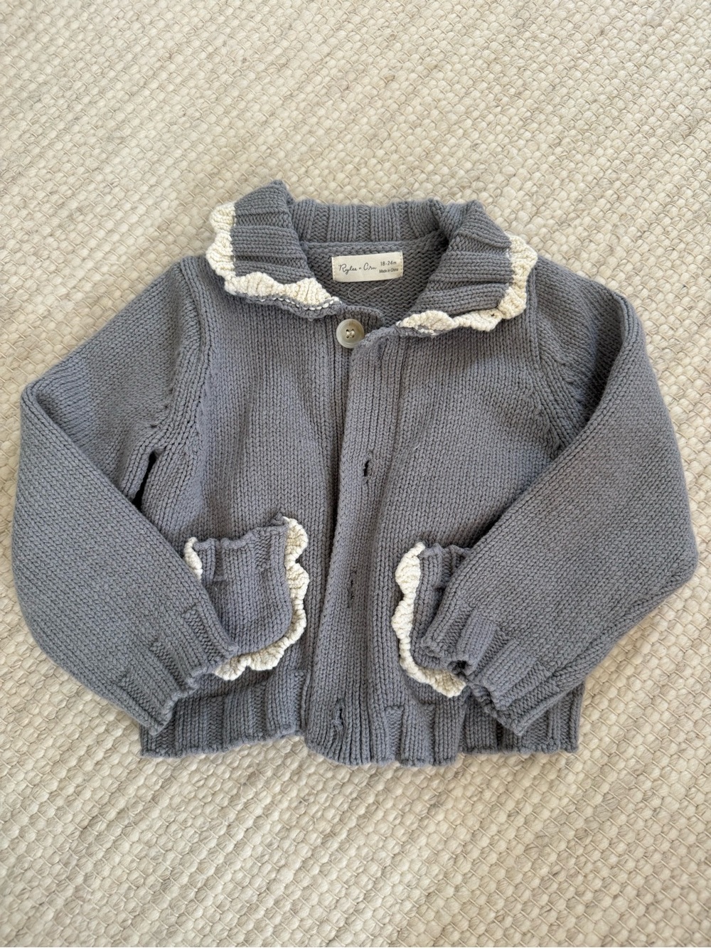Rylee + Cru Ruffle Trim Knit Cardigan - Gray with Cream Trim 18-24M